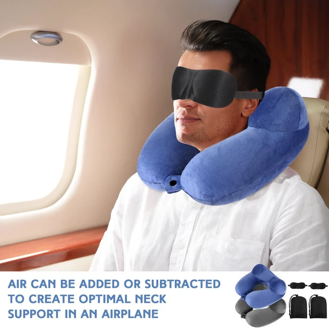 Alt view image 4 of 6 - 2 Pack Inflatable Travel Neck Pillow for Airplanes | Inflatable Flight Pillows with Compact Bag Blindfold, Neck Pillows for Kids Adults Traveling, Airplane Train Car