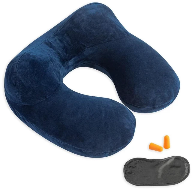 Main image of Inflatable Travel Pillow, Neck Pillow Support for Traveling, Airplanes, Cars, and Offices with Compact Carrying Bag, Soft Velvet Washable Cover, Ideal for Adult Sleepers (Blue)