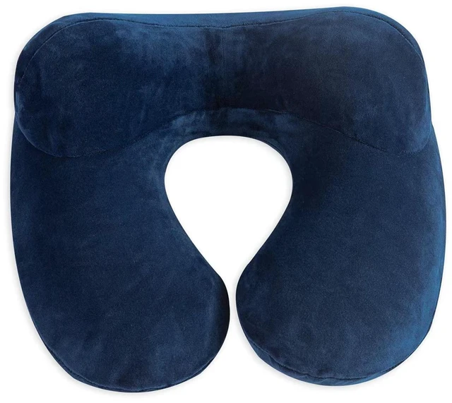 Alt view image 2 of 7 - Inflatable Travel Pillow, Neck Pillow Support for Traveling, Airplanes, Cars, and Offices with Compact Carrying Bag, Soft Velvet Washable Cover, Ideal for Adult Sleepers (Blue)