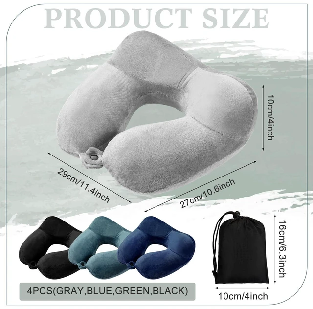 Alt view image 2 of 7 - 4 Pack Inflatable Neck Pillow for Airplane Travel,Multi Color | Travel Pillow, Velvet U Shape, with Compact Bag and Blindfold, Neck Support for Long Flights, Office Naps, 12 x 12 x 5.5"