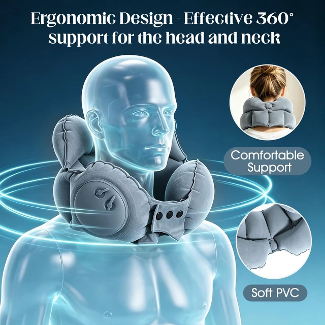Alt view image 2 of 7 - Inflatable Neck Pillow, U-Shaped Travel Pillow with Adjustable Snap Grey | Portable U-Shaped Travel Pillow, Adjustable Snap, Press-type Inflatable Neck Brace, Ergonomic Head Support