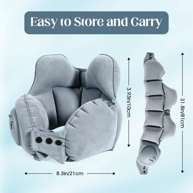 Alt view image 6 of 7 - Inflatable Neck Pillow, U-Shaped Travel Pillow with Adjustable Snap Grey | Portable U-Shaped Travel Pillow, Adjustable Snap, Press-type Inflatable Neck Brace, Ergonomic Head Support
