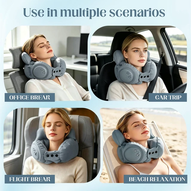 Alt view image 7 of 7 - Inflatable Neck Pillow, U-Shaped Travel Pillow with Adjustable Snap Grey | Portable U-Shaped Travel Pillow, Adjustable Snap, Press-type Inflatable Neck Brace, Ergonomic Head Support