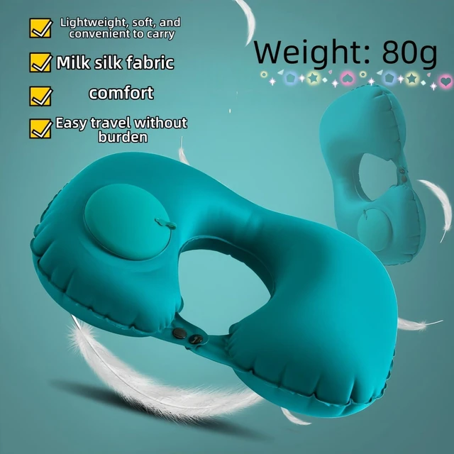 Alt view image 2 of 7 - 18-30s Quick Inflate /Deflate Neck Pillow for Travel - Adjustable Cervical Support with Dual Buckles, Breathable Milk Silk, Compact Portable Design Breathable Milk Silk ,Turquoise,15.7x11 inches