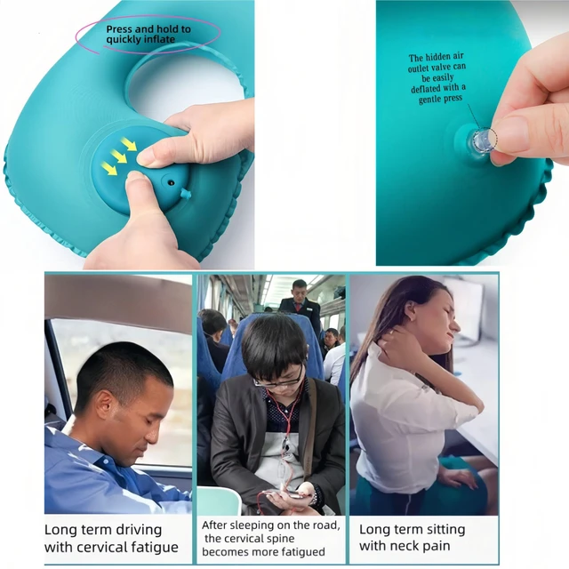 Alt view image 3 of 7 - 18-30s Quick Inflate /Deflate Neck Pillow for Travel - Adjustable Cervical Support with Dual Buckles, Breathable Milk Silk, Compact Portable Design Breathable Milk Silk ,Turquoise,15.7x11 inches