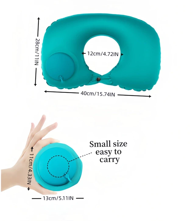 Alt view image 5 of 7 - 18-30s Quick Inflate /Deflate Neck Pillow for Travel - Adjustable Cervical Support with Dual Buckles, Breathable Milk Silk, Compact Portable Design Breathable Milk Silk ,Turquoise,15.7x11 inches