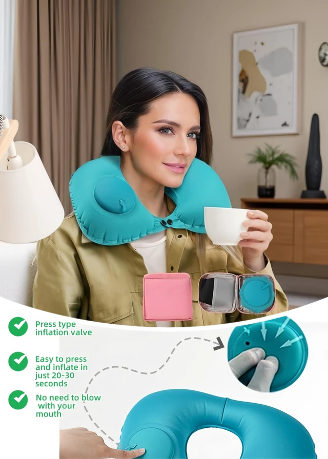Alt view image 4 of 7 - 18-30s Quick Inflate /Deflate Neck Pillow for Travel - Adjustable Cervical Support with Dual Buckles, Breathable Milk Silk, Compact Portable Design Breathable Milk Silk ,Turquoise,15.7x11 inches