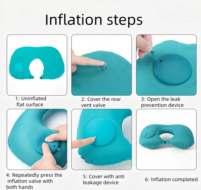 Alt view image 7 of 7 - 18-30s Quick Inflate /Deflate Neck Pillow for Travel - Adjustable Cervical Support with Dual Buckles, Breathable Milk Silk, Compact Portable Design Breathable Milk Silk ,Turquoise,15.7x11 inches