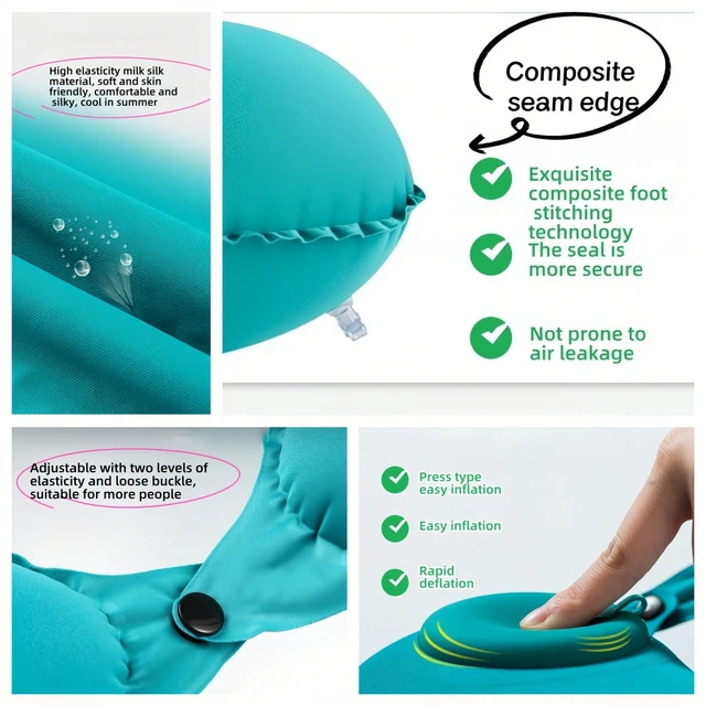 Alt view image 6 of 7 - 18-30s Quick Inflate /Deflate Neck Pillow for Travel - Adjustable Cervical Support with Dual Buckles, Breathable Milk Silk, Compact Portable Design Breathable Milk Silk ,Turquoise,15.7x11 inches