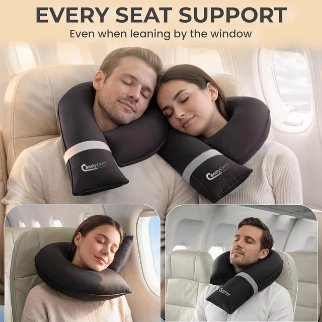 Alt view image 2 of 6 - Inflatable Airplane Travel Pillow, Supports Head, Neck & Chin | Adjustable Firmness Blow-Up Neck Pillow. Inflates Quickly and Packs Compactly for Easy Travel. For Airplanes, Cars and Home