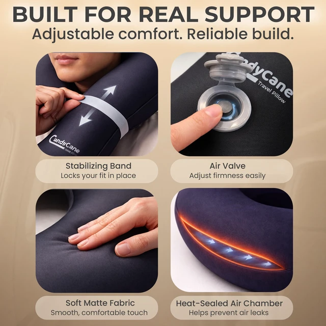 Alt view image 6 of 6 - Inflatable Airplane Travel Pillow, Supports Head, Neck & Chin | Adjustable Firmness Blow-Up Neck Pillow. Inflates Quickly and Packs Compactly for Easy Travel. For Airplanes, Cars and Home