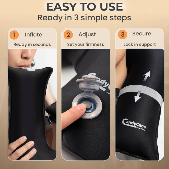 Alt view image 4 of 6 - Inflatable Airplane Travel Pillow, Supports Head, Neck & Chin | Adjustable Firmness Blow-Up Neck Pillow. Inflates Quickly and Packs Compactly for Easy Travel. For Airplanes, Cars and Home