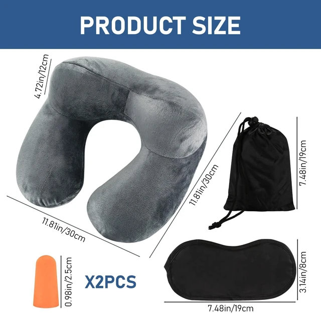 Alt view image 3 of 7 - 1 PcsInflatable Travel Pillows for Sleeping Airplane Inflatable Neck Pillow for Traveling Pillow Inflatable Travel Neck Pillows for Airplanes Sleeping, Train, Car, Office, with Eye Masks, Earplugs