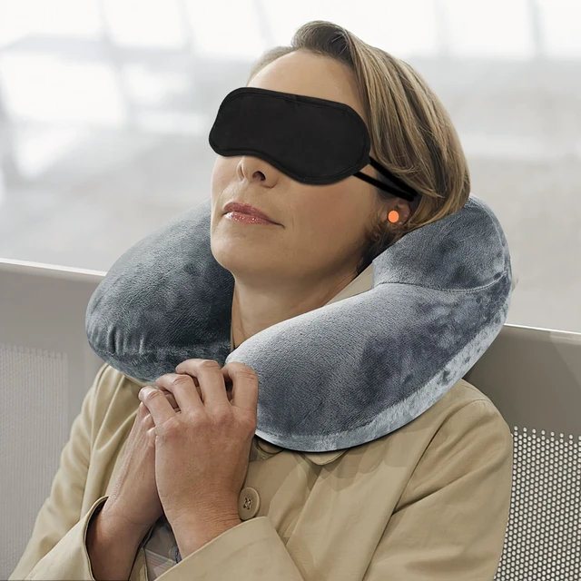 Alt view image 6 of 7 - 1 PcsInflatable Travel Pillows for Sleeping Airplane Inflatable Neck Pillow for Traveling Pillow Inflatable Travel Neck Pillows for Airplanes Sleeping, Train, Car, Office, with Eye Masks, Earplugs