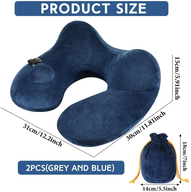 Alt view image 2 of 6 - 2pcs Self-Inflatable Pillow with Compact Bag, Gray, Blue | Soft Airplane Travel Pillow for Long Flight, Neck Cushion for Head Support, 12.2 x 11.81 x 5.91 Inch, Car Home Office