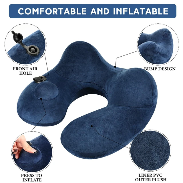 Alt view image 3 of 6 - 2pcs Self-Inflatable Pillow with Compact Bag, Gray, Blue | Soft Airplane Travel Pillow for Long Flight, Neck Cushion for Head Support, 12.2 x 11.81 x 5.91 Inch, Car Home Office