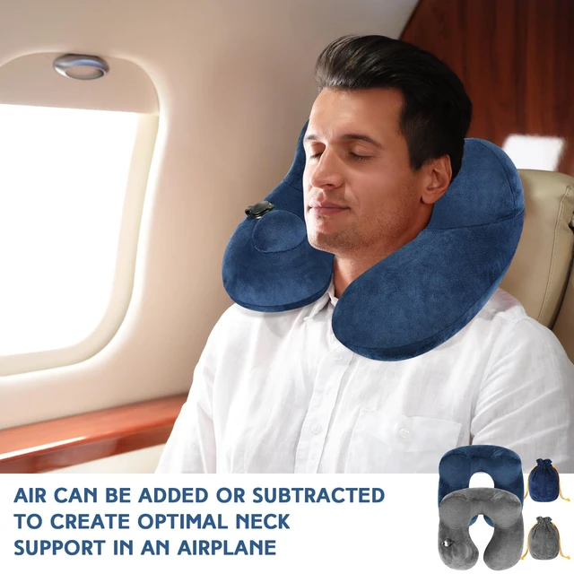 Alt view image 6 of 6 - 2pcs Self-Inflatable Pillow with Compact Bag, Gray, Blue | Soft Airplane Travel Pillow for Long Flight, Neck Cushion for Head Support, 12.2 x 11.81 x 5.91 Inch, Car Home Office