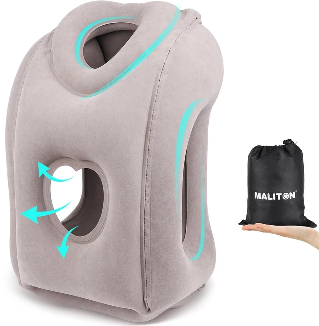 Main image of Inflatable Travel Pillow for Airplane Comfortable Sleeping, (Grey) | Relieve Neck & Shoulder Pain, Support Head Inflatable Pillow for Long Flights,for Airplanes, Cars, Trains, Office
