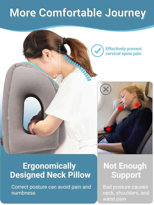Alt view image 3 of 7 - Inflatable Travel Pillow for Airplane Comfortable Sleeping, (Grey) | Relieve Neck & Shoulder Pain, Support Head Inflatable Pillow for Long Flights,for Airplanes, Cars, Trains, Office