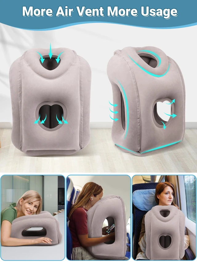 Alt view image 4 of 7 - Inflatable Travel Pillow for Airplane Comfortable Sleeping, (Grey) | Relieve Neck & Shoulder Pain, Support Head Inflatable Pillow for Long Flights,for Airplanes, Cars, Trains, Office