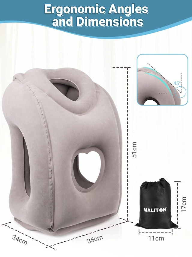 Alt view image 6 of 7 - Inflatable Travel Pillow for Airplane Comfortable Sleeping, (Grey) | Relieve Neck & Shoulder Pain, Support Head Inflatable Pillow for Long Flights,for Airplanes, Cars, Trains, Office