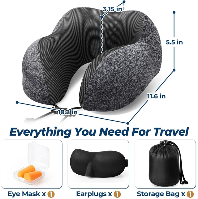 Alt view image 2 of 7 - Travel Pillow, Memory Foam Neck Pillow Airplane, Grey | Travel Pillows for Airplanes, Neck Pillow Airplane, Memory Foam Neck Pillow Set with Eye Mask, Earplugs