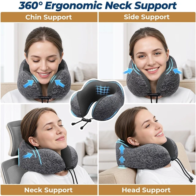 Alt view image 4 of 7 - Travel Pillow, Memory Foam Neck Pillow Airplane, Grey | Travel Pillows for Airplanes, Neck Pillow Airplane, Memory Foam Neck Pillow Set with Eye Mask, Earplugs