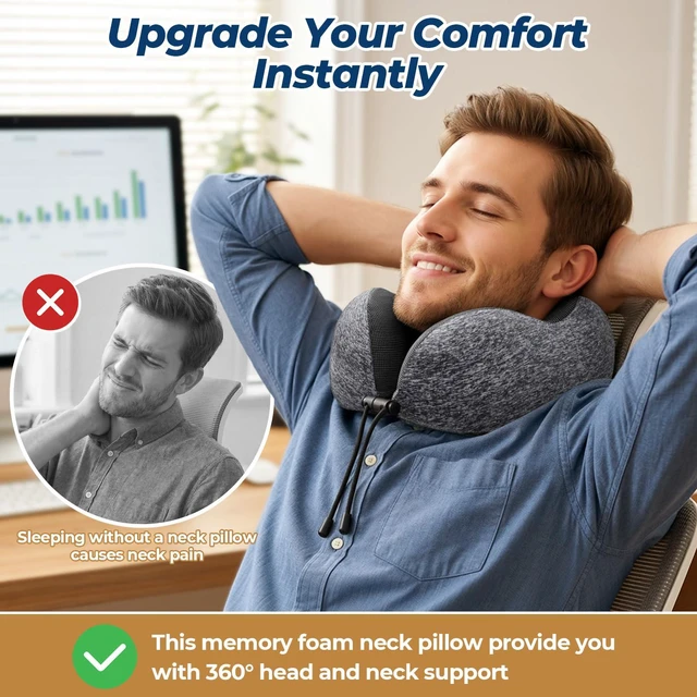 Alt view image 6 of 7 - Travel Pillow, Memory Foam Neck Pillow Airplane, Grey | Travel Pillows for Airplanes, Neck Pillow Airplane, Memory Foam Neck Pillow Set with Eye Mask, Earplugs