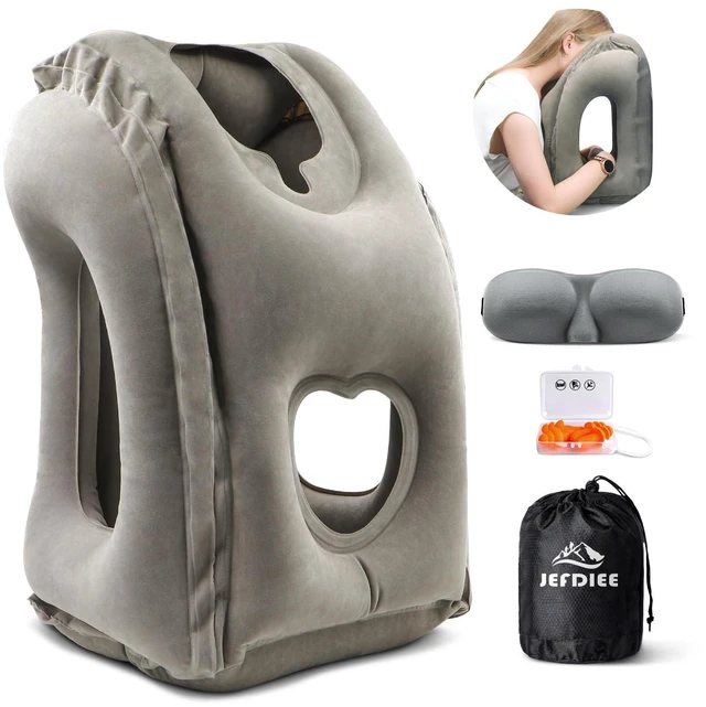 Main image of Inflatable Travel Pillow, Airplane Neck Pillow Comfortably Supports Head and Chin for Airplanes, Trains, Cars Office Napping on The Tray Table (Grey)