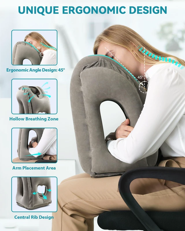 Alt view image 2 of 7 - Inflatable Travel Pillow, Airplane Neck Pillow Comfortably Supports Head and Chin for Airplanes, Trains, Cars Office Napping on The Tray Table (Grey)