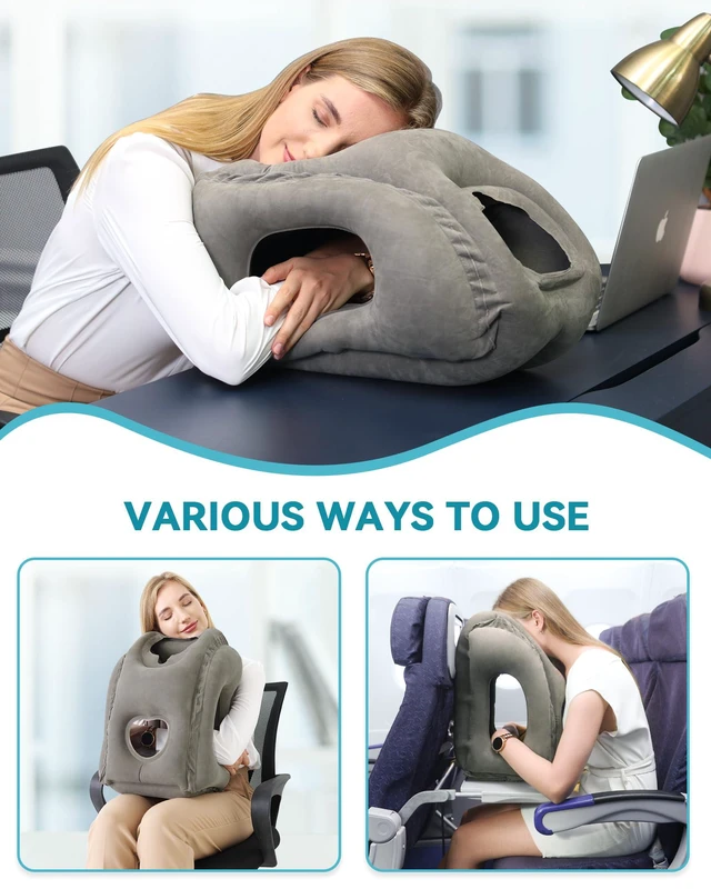 Alt view image 4 of 7 - Inflatable Travel Pillow, Airplane Neck Pillow Comfortably Supports Head and Chin for Airplanes, Trains, Cars Office Napping on The Tray Table (Grey)