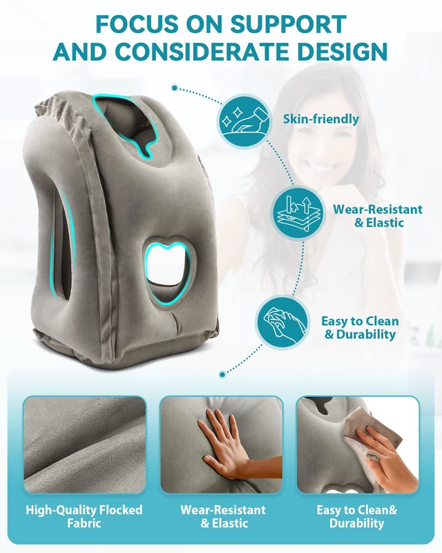 Alt view image 3 of 7 - Inflatable Travel Pillow, Airplane Neck Pillow Comfortably Supports Head and Chin for Airplanes, Trains, Cars Office Napping on The Tray Table (Grey)