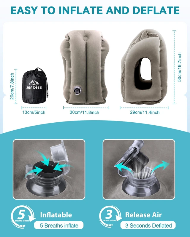 Alt view image 6 of 7 - Inflatable Travel Pillow, Airplane Neck Pillow Comfortably Supports Head and Chin for Airplanes, Trains, Cars Office Napping on The Tray Table (Grey)