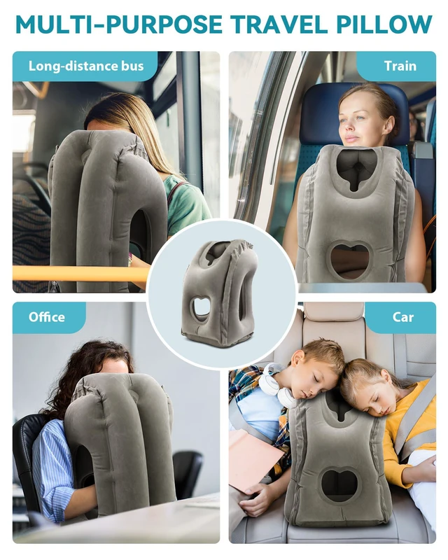 Alt view image 7 of 7 - Inflatable Travel Pillow, Airplane Neck Pillow Comfortably Supports Head and Chin for Airplanes, Trains, Cars Office Napping on The Tray Table (Grey)