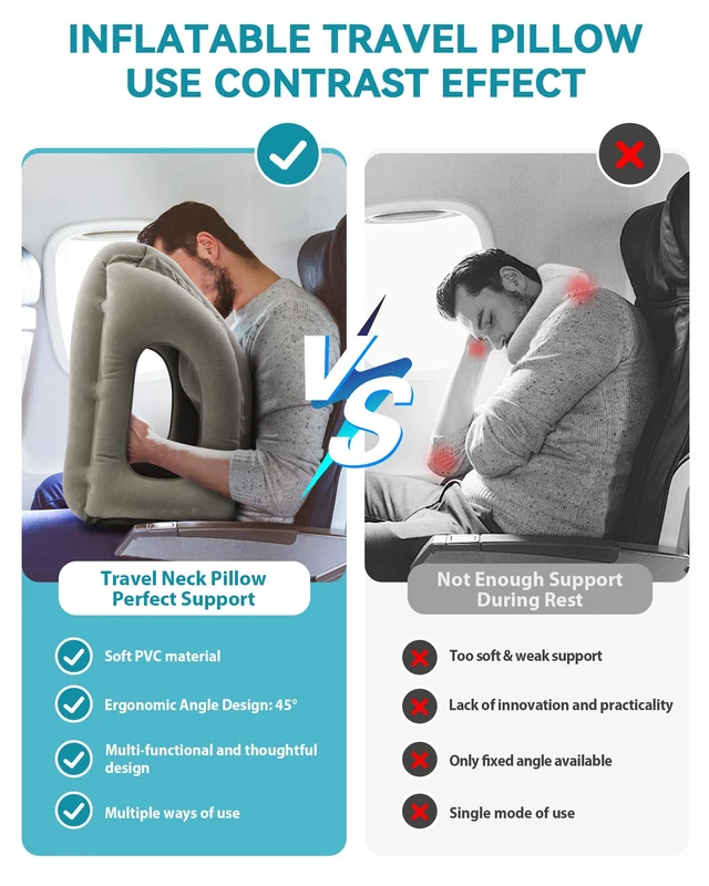 Alt view image 5 of 7 - Inflatable Travel Pillow, Airplane Neck Pillow Comfortably Supports Head and Chin for Airplanes, Trains, Cars Office Napping on The Tray Table (Grey)