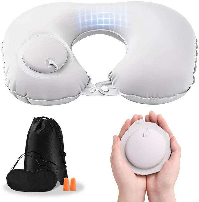 Main image of Inflatable Travel Neck Pillow - Portable Airplane Pillow for Flights, Adjustable Neck Support for Cars & Trains (Grey)