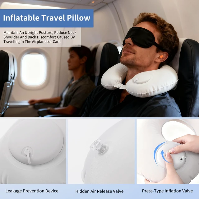 Alt view image 3 of 7 - Inflatable Travel Neck Pillow - Portable Airplane Pillow for Flights, Adjustable Neck Support for Cars & Trains (Grey)