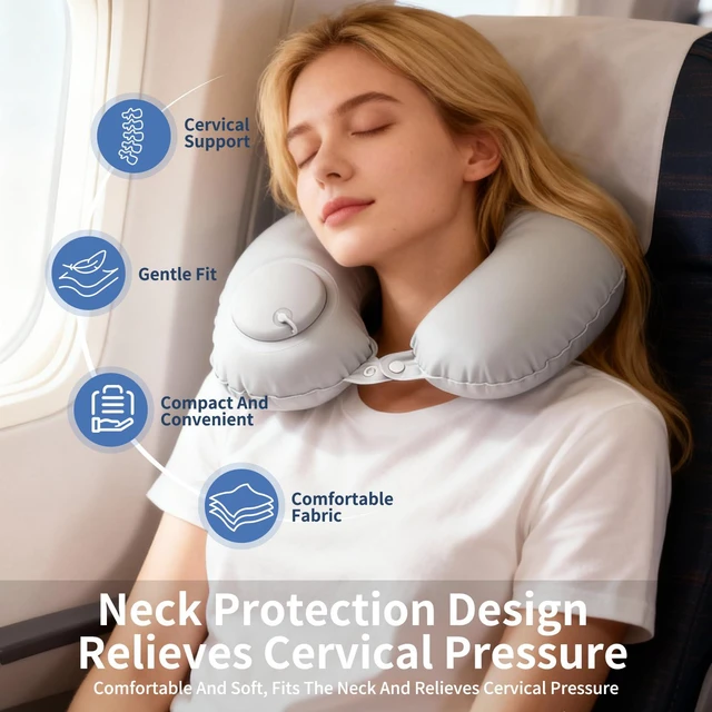Alt view image 4 of 7 - Inflatable Travel Neck Pillow - Portable Airplane Pillow for Flights, Adjustable Neck Support for Cars & Trains (Grey)