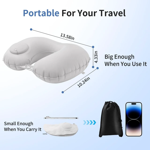 Alt view image 5 of 7 - Inflatable Travel Neck Pillow - Portable Airplane Pillow for Flights, Adjustable Neck Support for Cars & Trains (Grey)