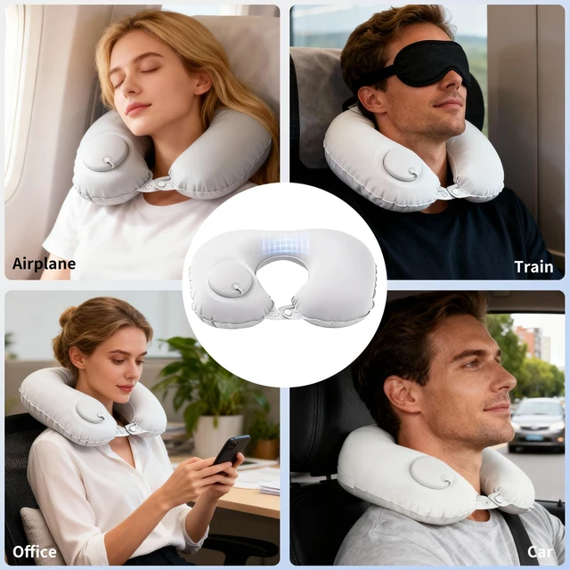 Alt view image 7 of 7 - Inflatable Travel Neck Pillow - Portable Airplane Pillow for Flights, Adjustable Neck Support for Cars & Trains (Grey)