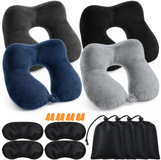 Main image of 4 Sets Inflatable Travel Pillows, 11" x 10" x 4" Neck Pillow for Airplanes with Compact Bag and Blindfold Velvet Inflatable Neck Pillow for Traveling Head Support U Shaped Flight Inch (4 Colors)