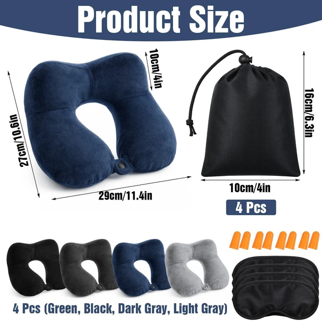 Alt view image 2 of 7 - 4 Sets Inflatable Travel Pillows, 11" x 10" x 4" Neck Pillow for Airplanes with Compact Bag and Blindfold Velvet Inflatable Neck Pillow for Traveling Head Support U Shaped Flight Inch (4 Colors)