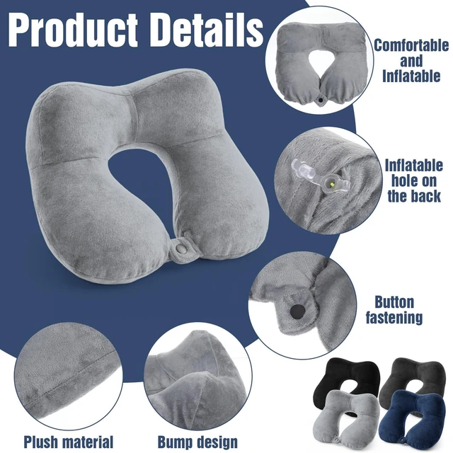 Alt view image 3 of 7 - 4 Sets Inflatable Travel Pillows, 11" x 10" x 4" Neck Pillow for Airplanes with Compact Bag and Blindfold Velvet Inflatable Neck Pillow for Traveling Head Support U Shaped Flight Inch (4 Colors)