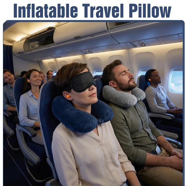 Alt view image 5 of 7 - 4 Sets Inflatable Travel Pillows, 11" x 10" x 4" Neck Pillow for Airplanes with Compact Bag and Blindfold Velvet Inflatable Neck Pillow for Traveling Head Support U Shaped Flight Inch (4 Colors)