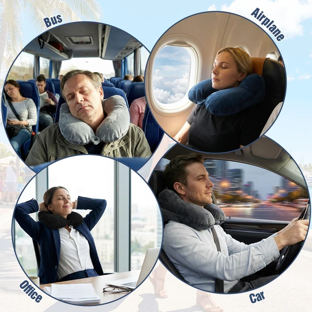 Alt view image 7 of 7 - 4 Sets Inflatable Travel Pillows, 11" x 10" x 4" Neck Pillow for Airplanes with Compact Bag and Blindfold Velvet Inflatable Neck Pillow for Traveling Head Support U Shaped Flight Inch (4 Colors)