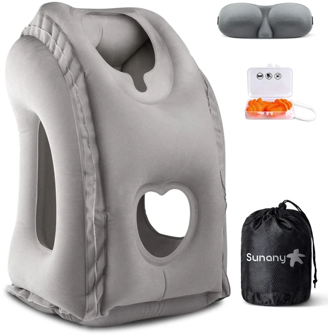 Main image of Travel Pillow, Inflatable Neck Pillow for Airplanes/Cars/Buses/Trains/Office Napping with Eye Mask/Earplugs (Gray)