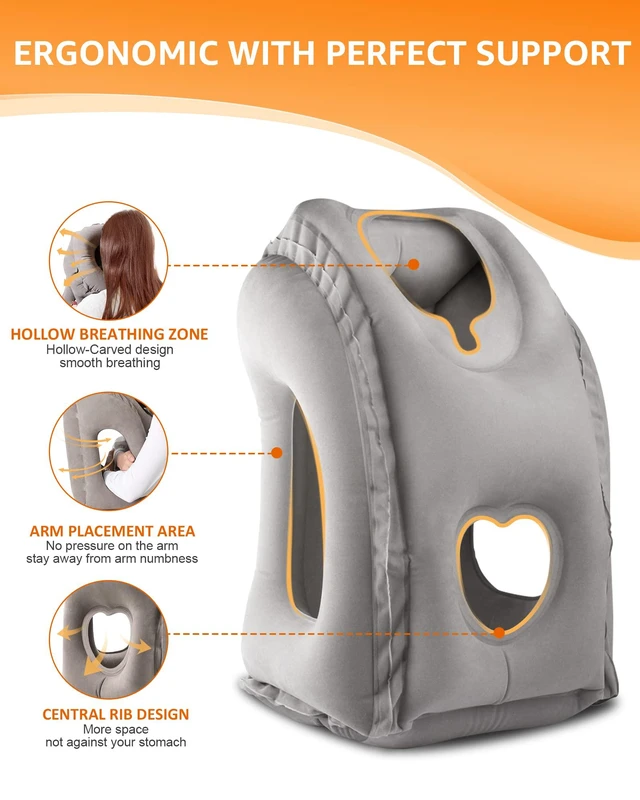 Alt view image 3 of 7 - Travel Pillow, Inflatable Neck Pillow for Airplanes/Cars/Buses/Trains/Office Napping with Eye Mask/Earplugs (Gray)
