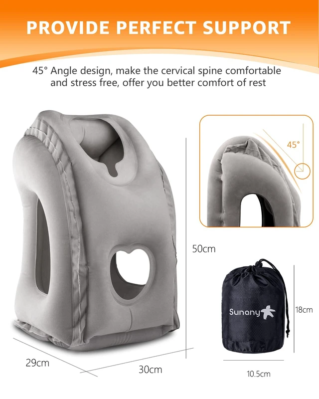 Alt view image 5 of 7 - Travel Pillow, Inflatable Neck Pillow for Airplanes/Cars/Buses/Trains/Office Napping with Eye Mask/Earplugs (Gray)