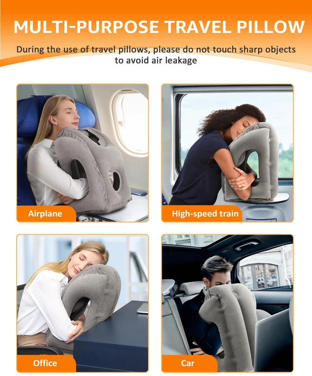 Alt view image 7 of 7 - Travel Pillow, Inflatable Neck Pillow for Airplanes/Cars/Buses/Trains/Office Napping with Eye Mask/Earplugs (Gray)