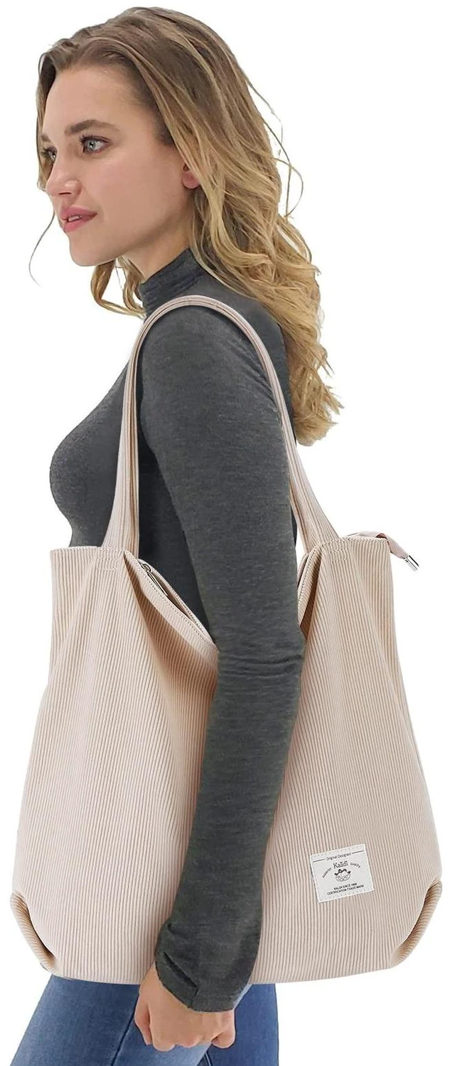 Alt view image 2 of 7 - Women Corduroy Tote Bag Casual Tote's Handbag Big Capacity Shoulder Bag with Pockets Zippers (Cream White)